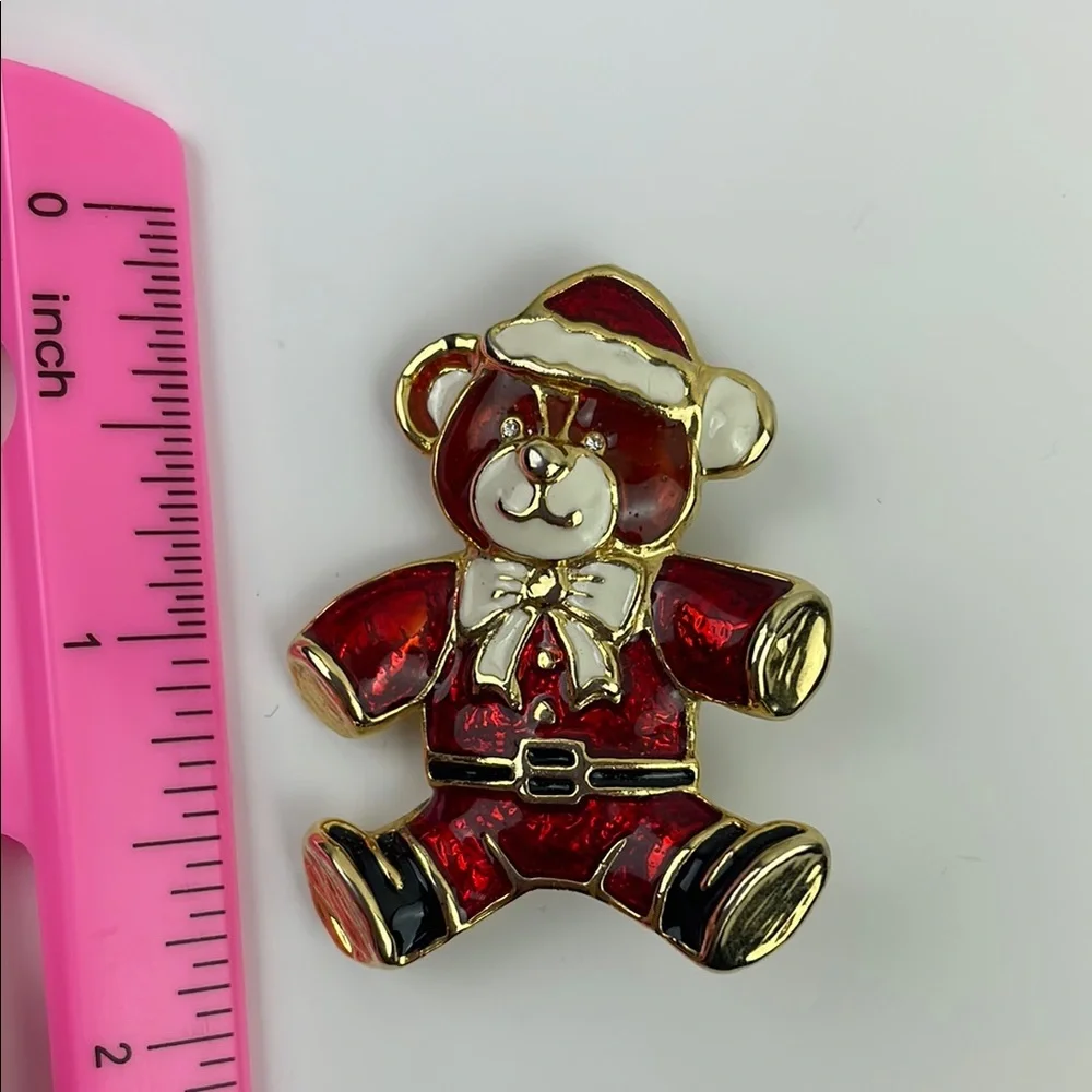 Vintage Christmas Teddy Bear Brooch Red Gold Enamel